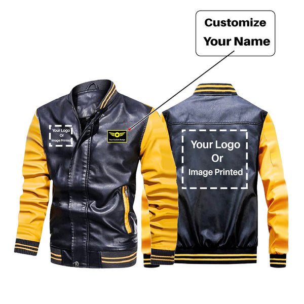 Custom Name & TWO LOGOS Stylish Leather Bomber Jackets