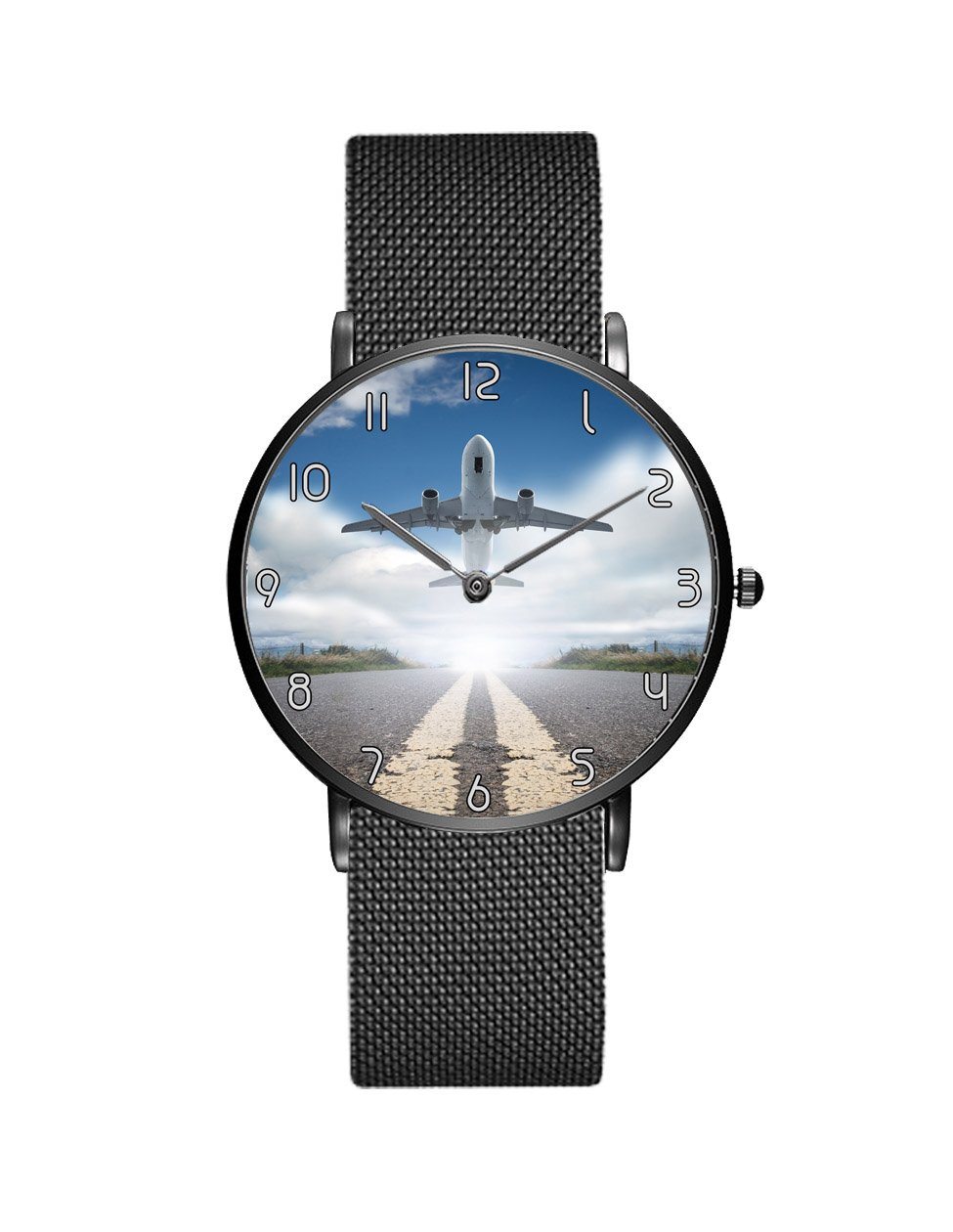 Taking Off Aircraft Printed Stainless Steel Strap Watches Aviation Shop Black & Stainless Steel Strap 