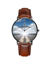 Thumbnail for Taking Off Aircraft Printed Leather Strap Watches Aviation Shop Black & Brown Leather Strap 