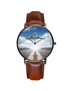 Taking Off Aircraft Printed Leather Strap Watches Aviation Shop Black & Brown Leather Strap 