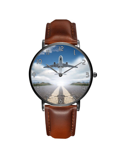 Taking Off Aircraft Printed aviation-themed slim watch, polished stainless steel.