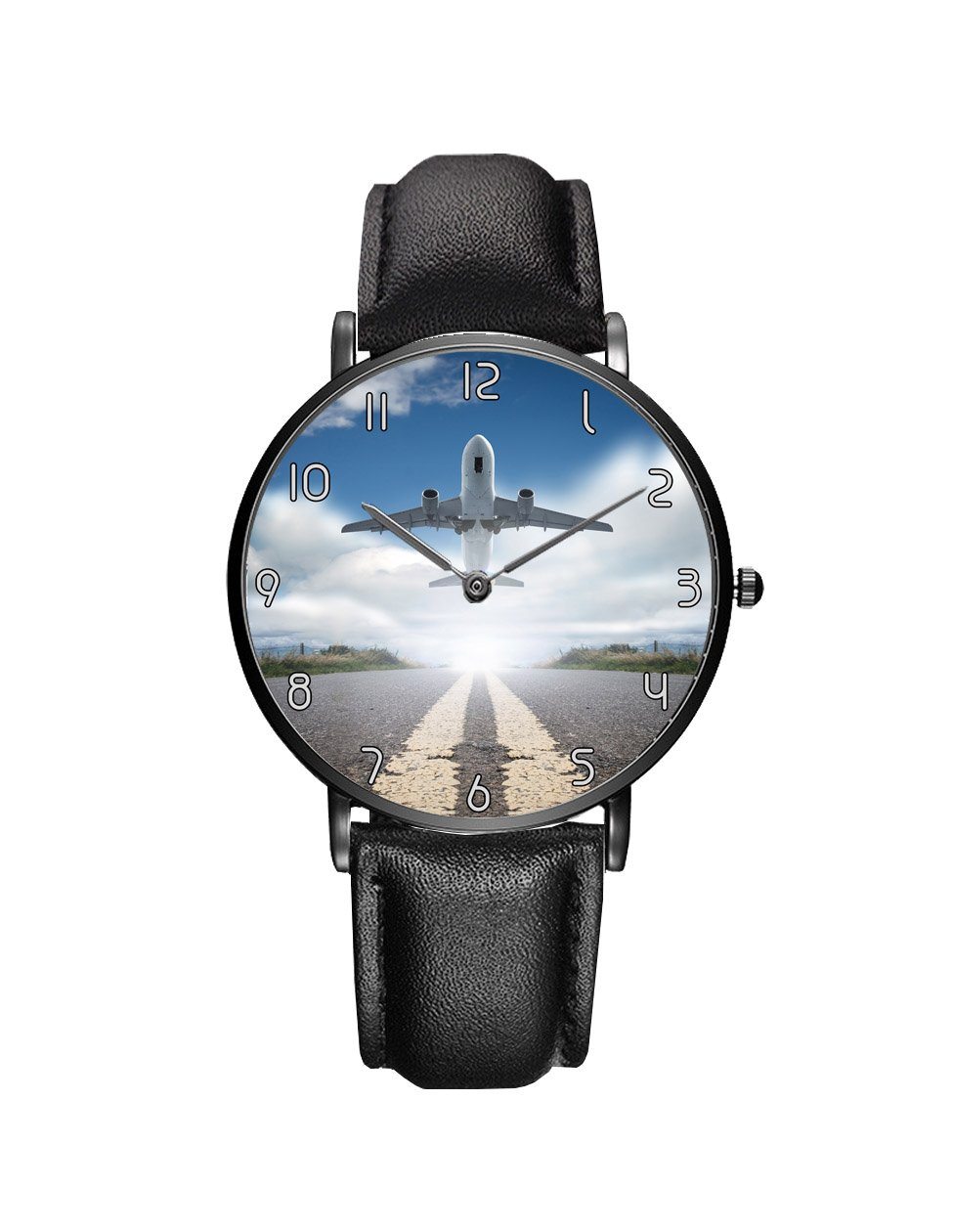 Taking Off Aircraft Printed Leather Strap Watches Aviation Shop Black & Black Leather Strap 