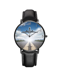 Thumbnail for Taking Off Aircraft Printed Leather Strap Watches Aviation Shop Black & Black Leather Strap 