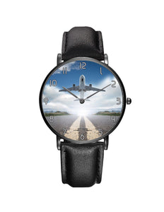 Taking Off Aircraft Printed Leather Strap Watches Aviation Shop Black & Black Leather Strap 