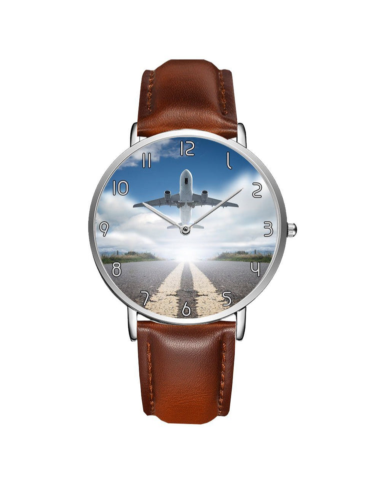 Taking Off Aircraft Printed Leather Strap Watches Aviation Shop Silver & Brown Leather Strap 