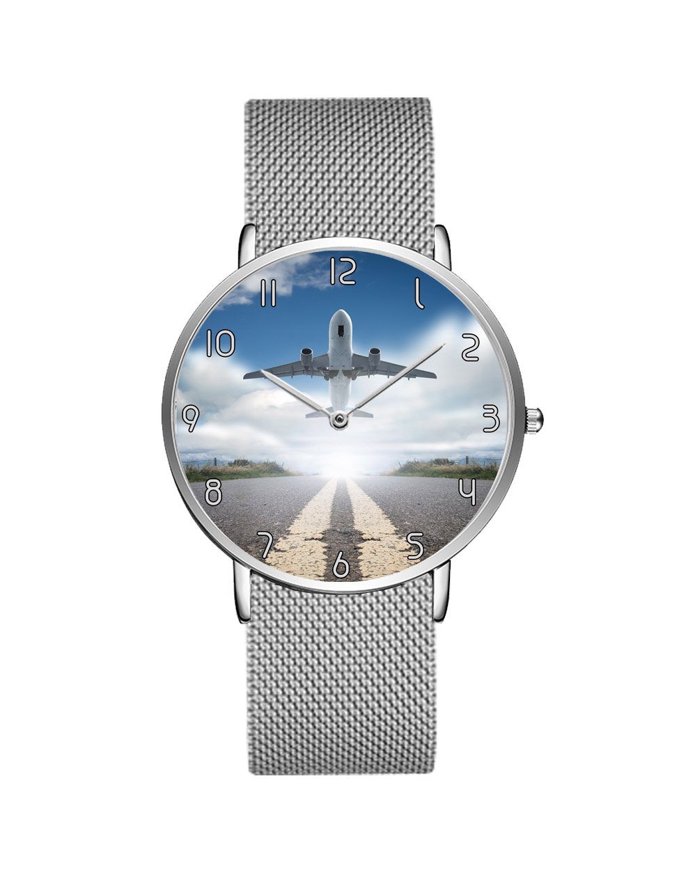 Taking Off Aircraft Printed Stainless Steel Strap Watches Aviation Shop Silver & Silver Stainless Steel Strap 
