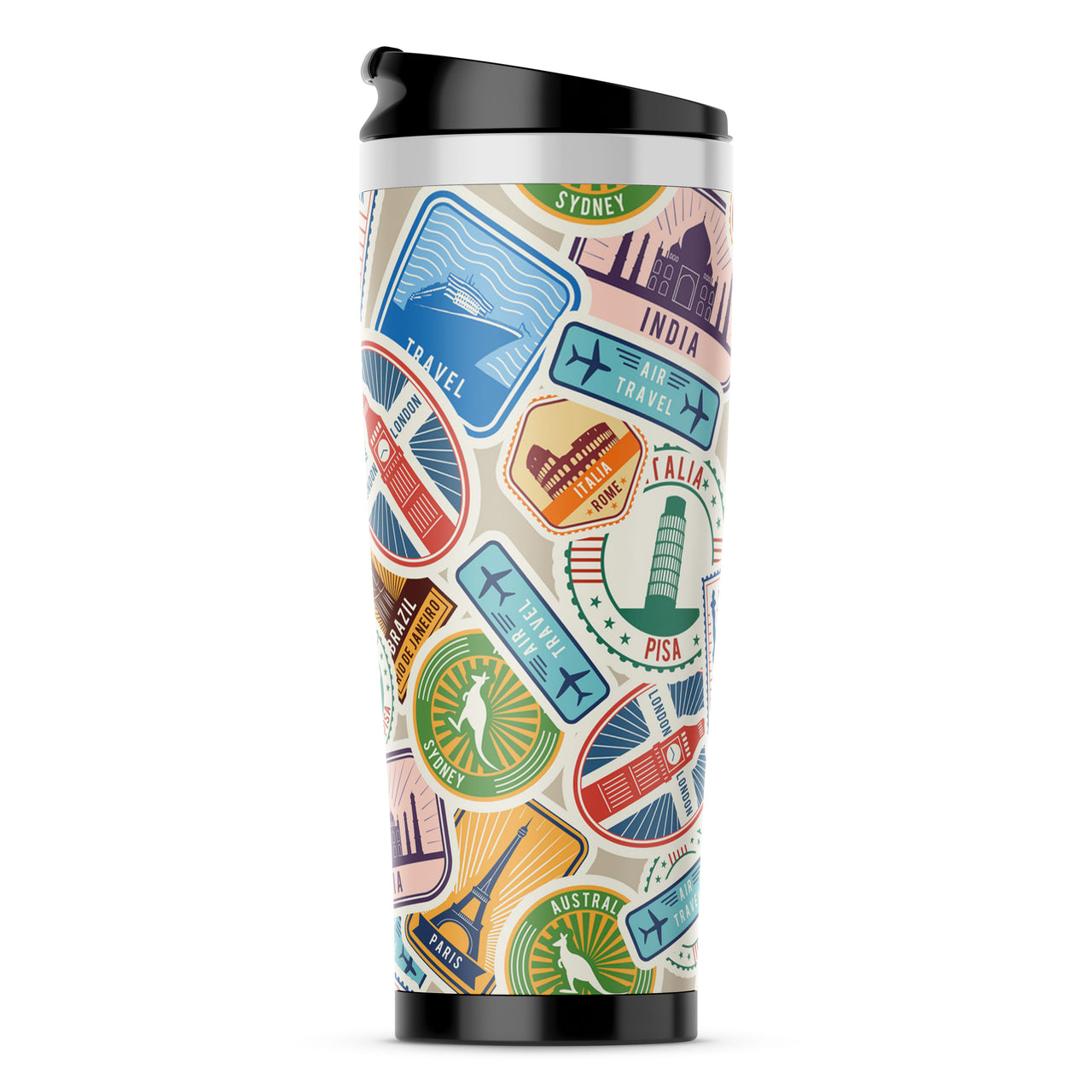 Travel Icons Designed Stainless Steel Travel Mugs