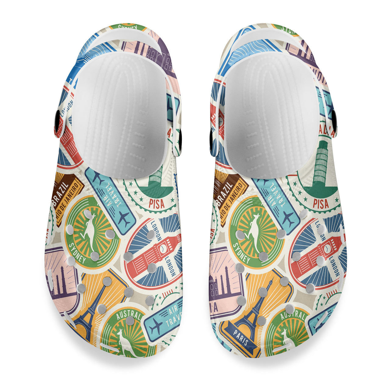 Travel Icons Designed Hole Shoes & Slippers (MEN)