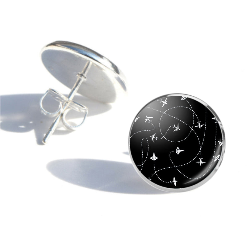 Travel The World By Plane (Black) Designed Stud Earrings