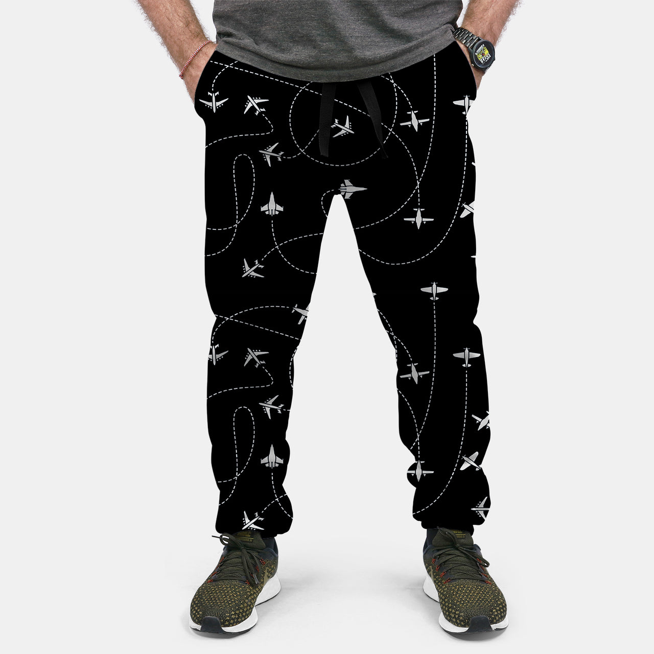 Travel The World By Plane (Black) Designed Sweat Pants & Trousers
