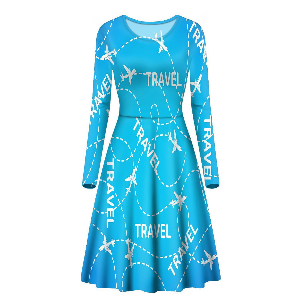 Travel & Planes Designed Long Sleeve Women Midi Dress