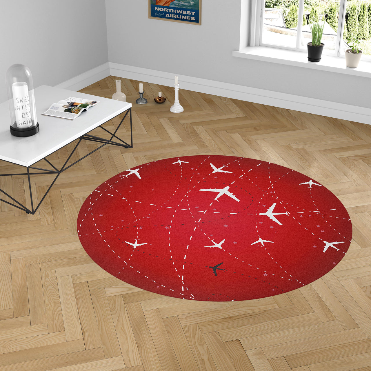 Travelling with Aircraft (Red) Designed Carpet & Floor Mats (Round)