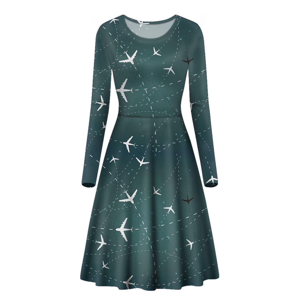 Travelling with Aircraft (Green) Designed Long Sleeve Women Midi Dress