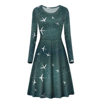 Thumbnail for Travelling with Aircraft (Green) Designed Long Sleeve Women Midi Dress