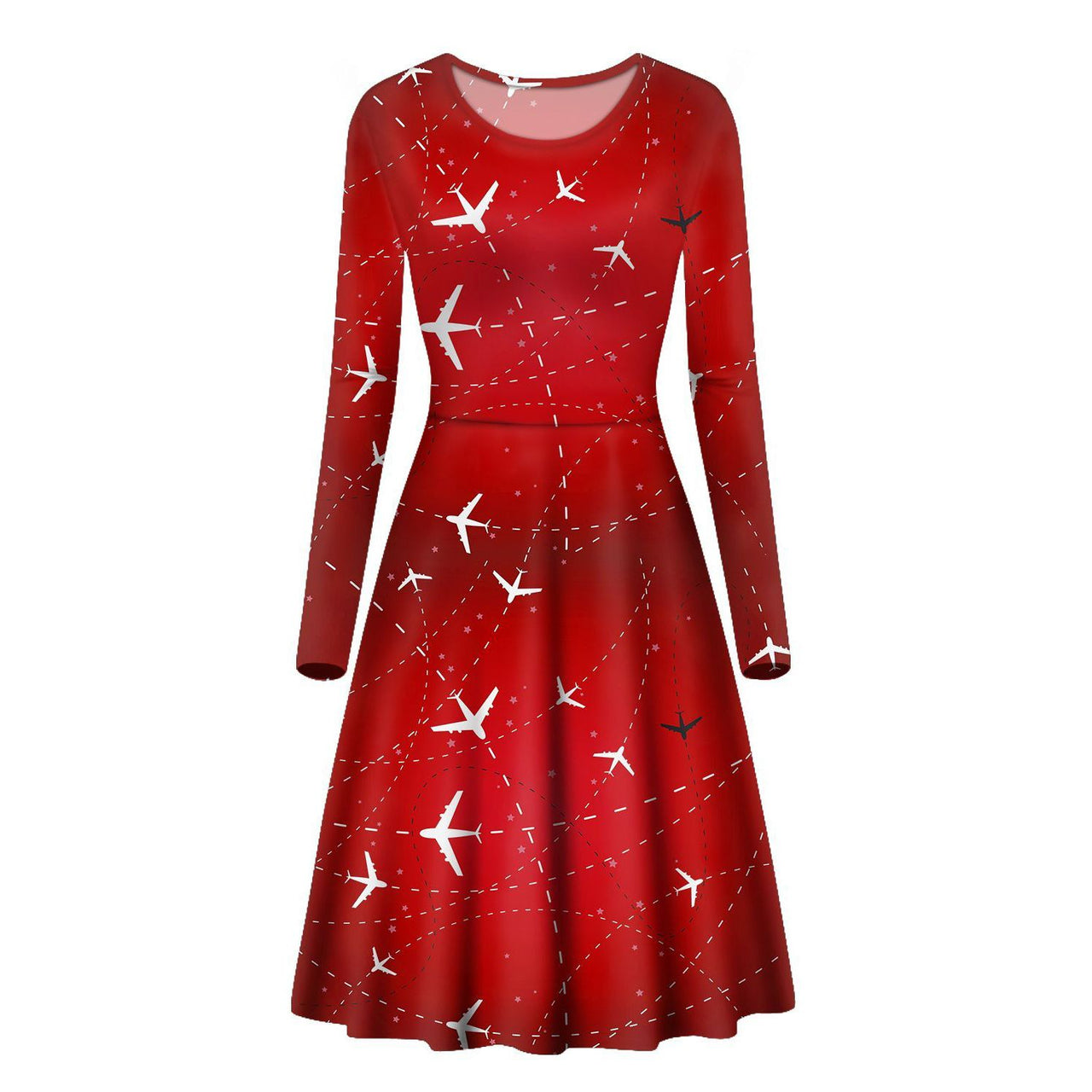 Travelling with Aircraft (Red) Designed Long Sleeve Women Midi Dress