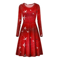 Thumbnail for Travelling with Aircraft (Red) Designed Long Sleeve Women Midi Dress