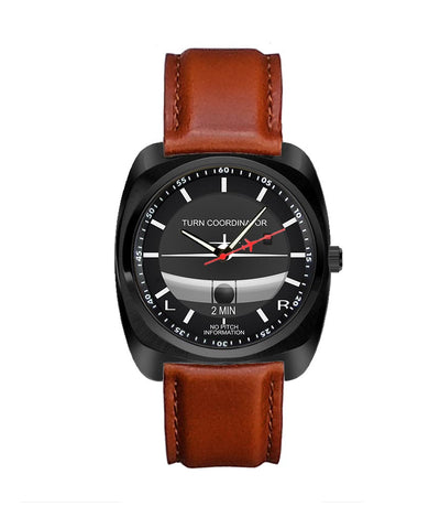 Turn Coordinator aviation luxury watch, stainless steel body with engraved detail.