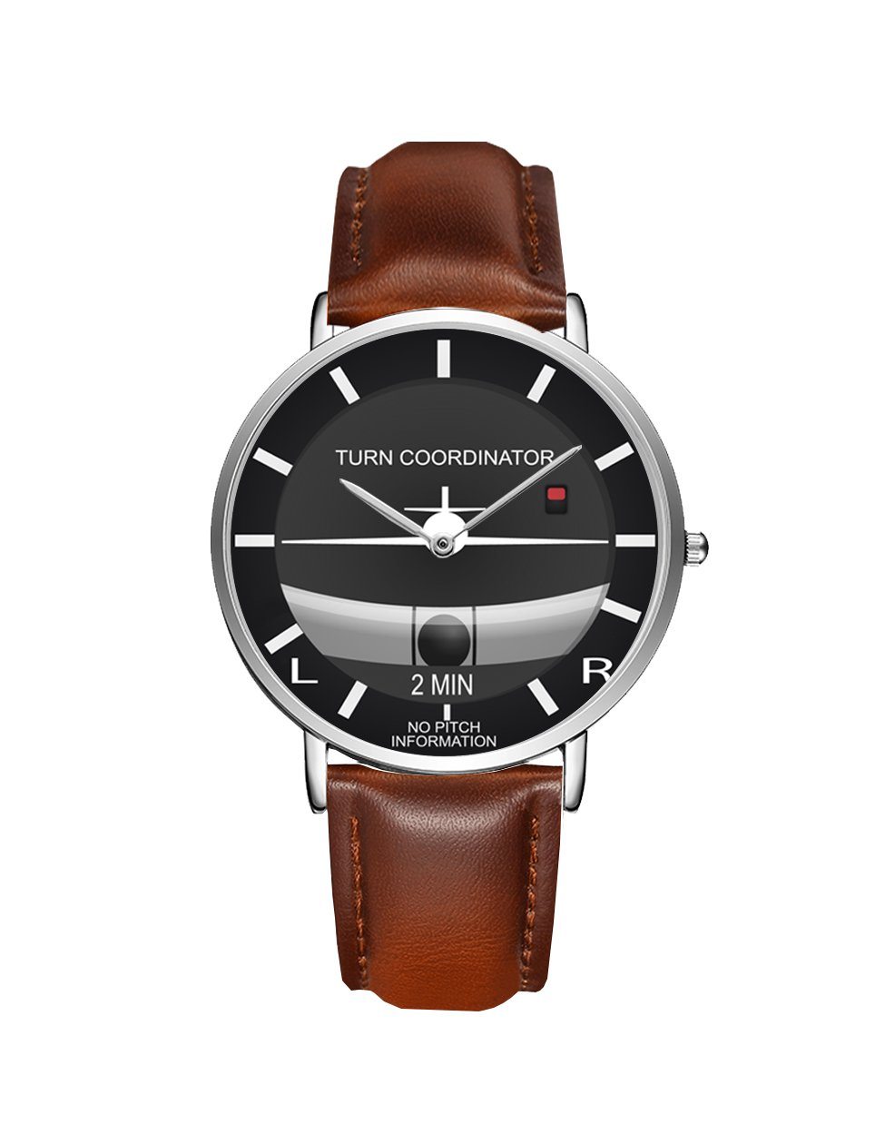 Airplane Instrument Series (Turn Coordinator) Leather Strap Watches Pilot Eyes Store Silver & Brown Leather Strap 