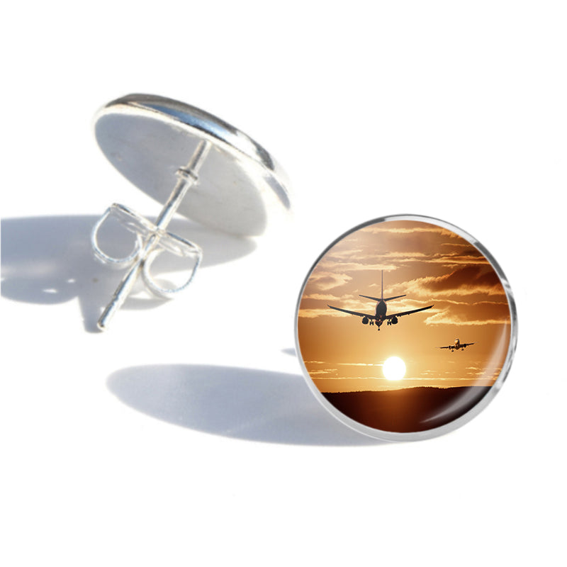 Two Aeroplanes During Sunset Designed Stud Earrings