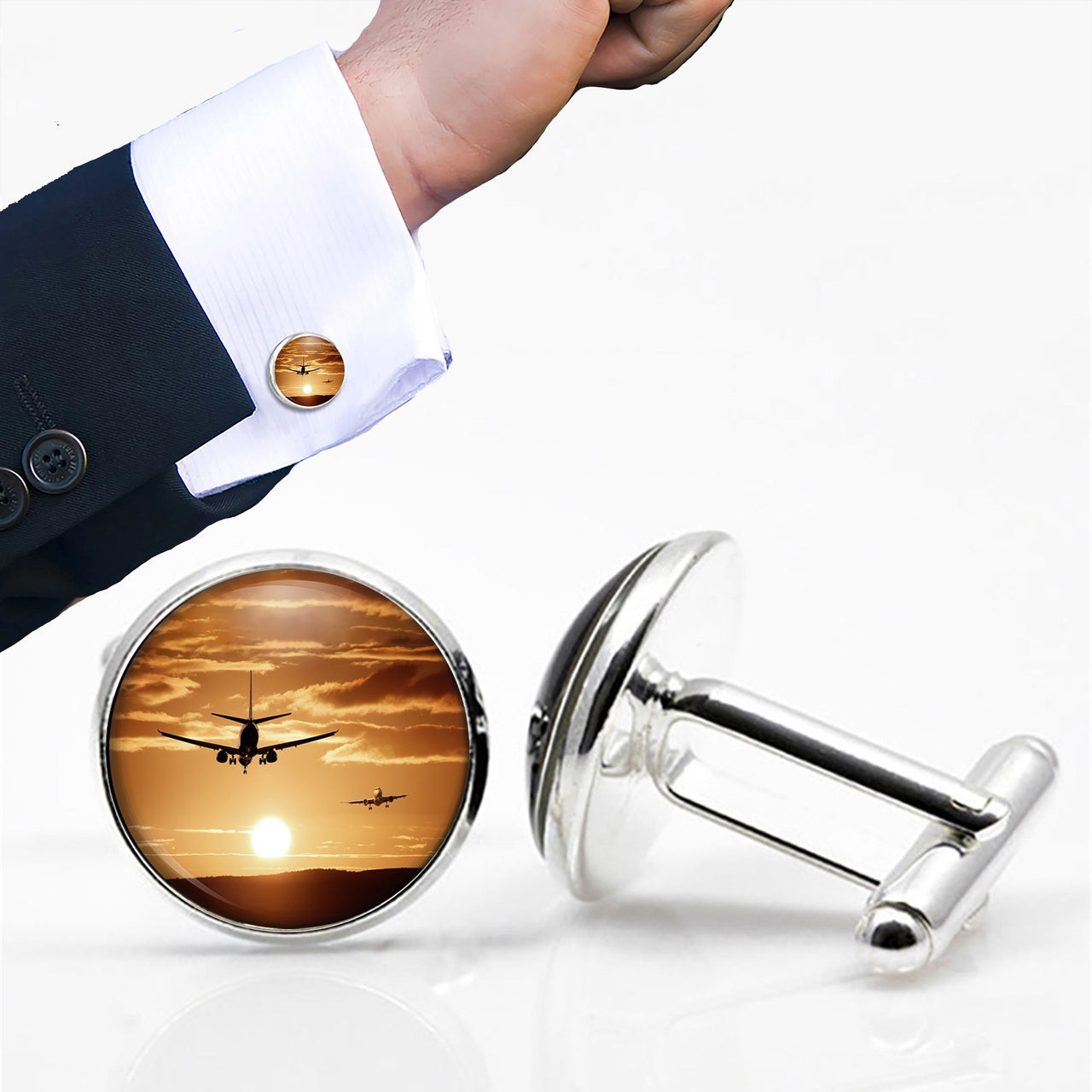 Two Aeroplanes During Sunset Designed Cuff Links