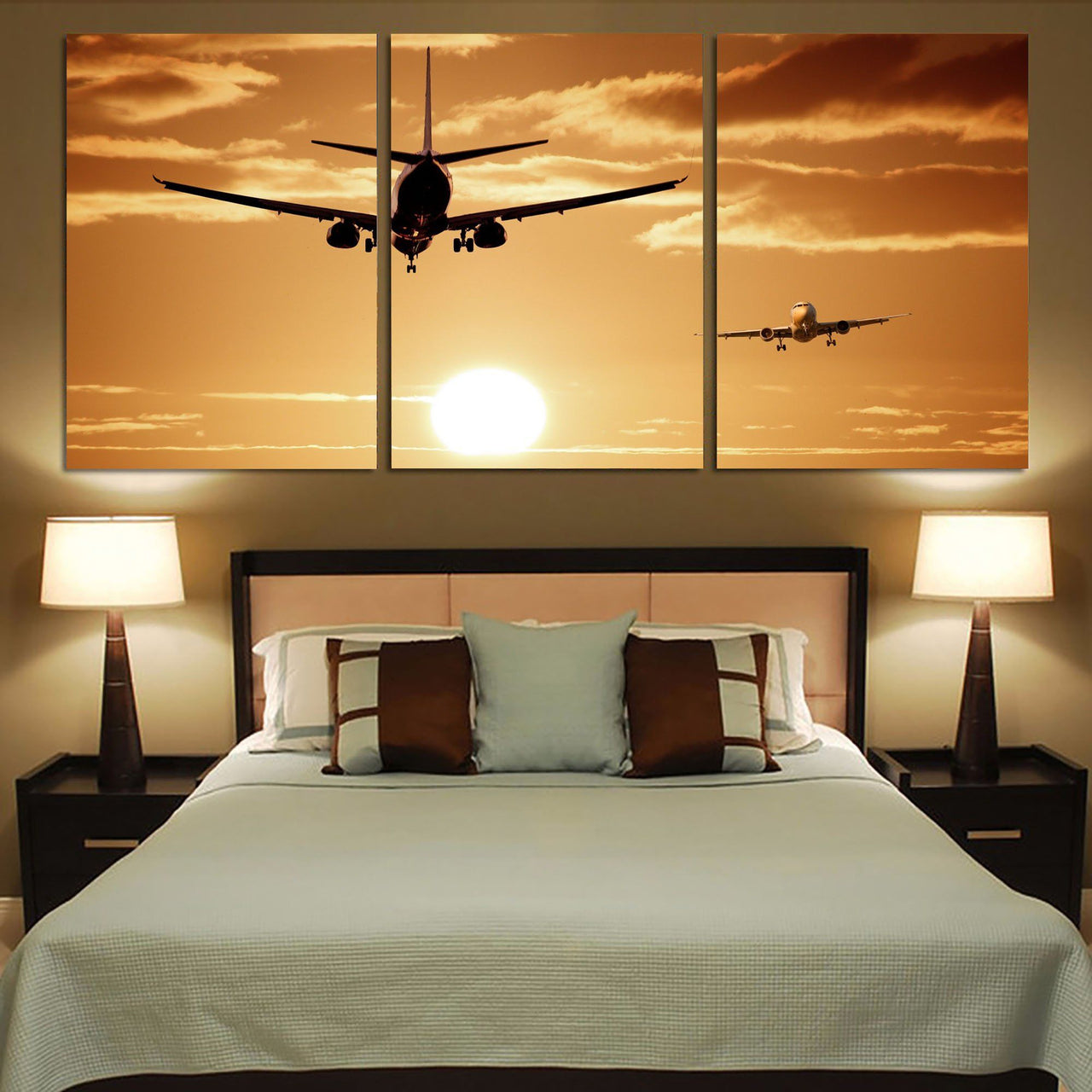 Two Aeroplanes During Sunset Printed Canvas Posters (3 Pieces) Aviation Shop 