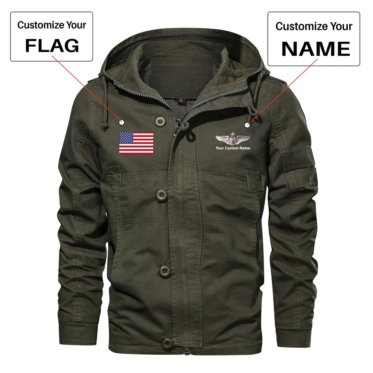 Custom Flag & Name "US Air Force & Star" Designed Cotton Jackets