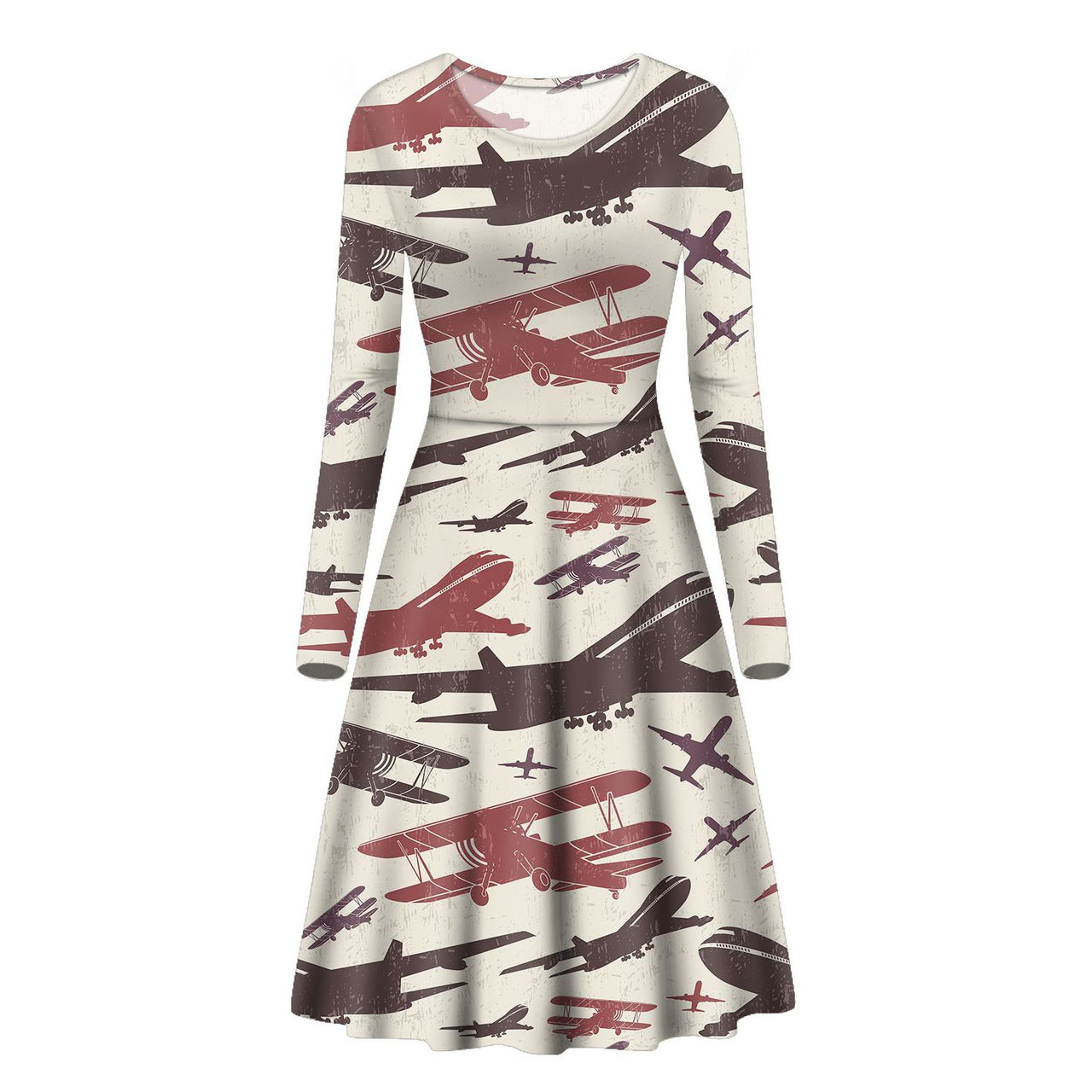 Vintage & Jumbo Airplanes Designed Long Sleeve Women Midi Dress