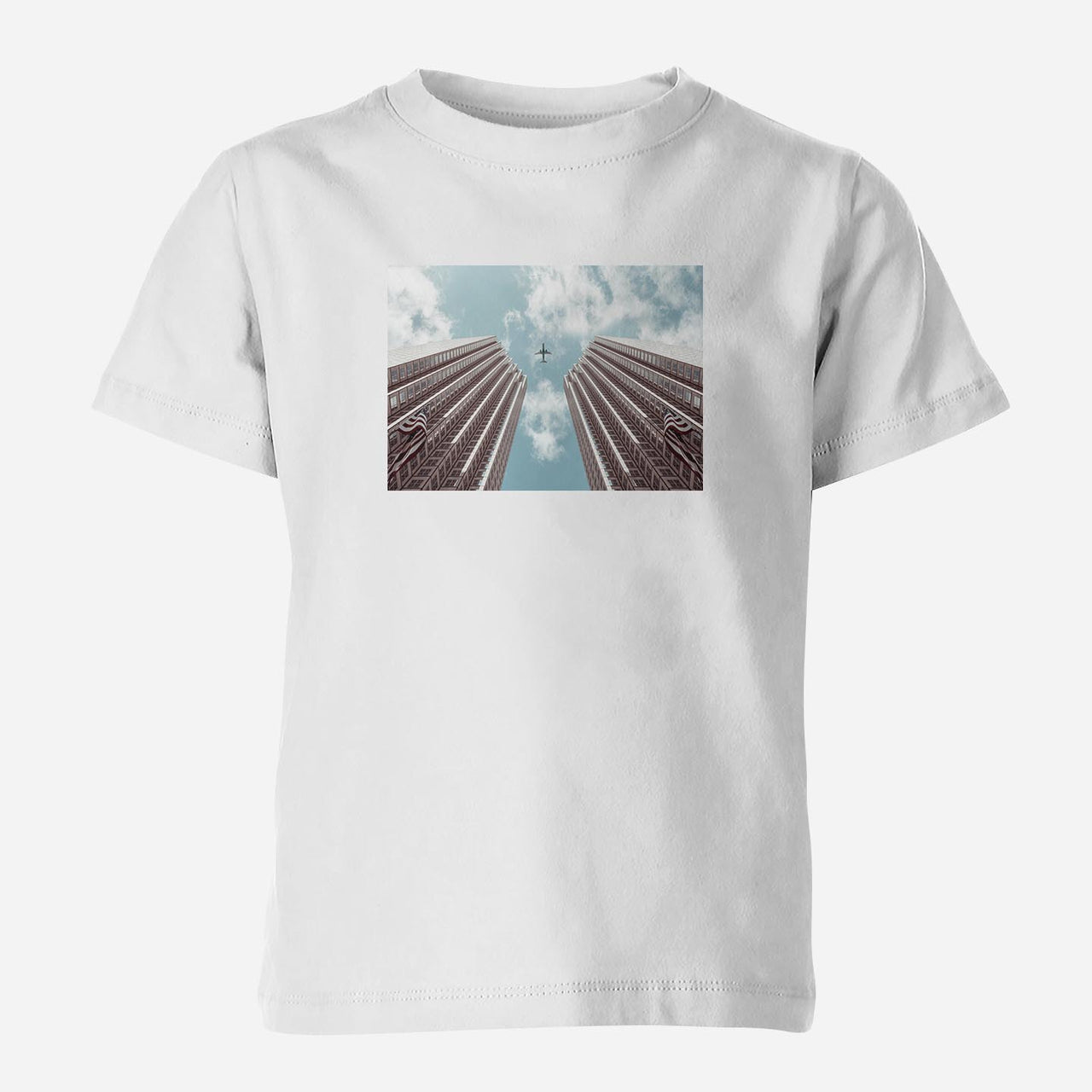 Airplane Flying over Big Buildings Designed Children T-Shirts