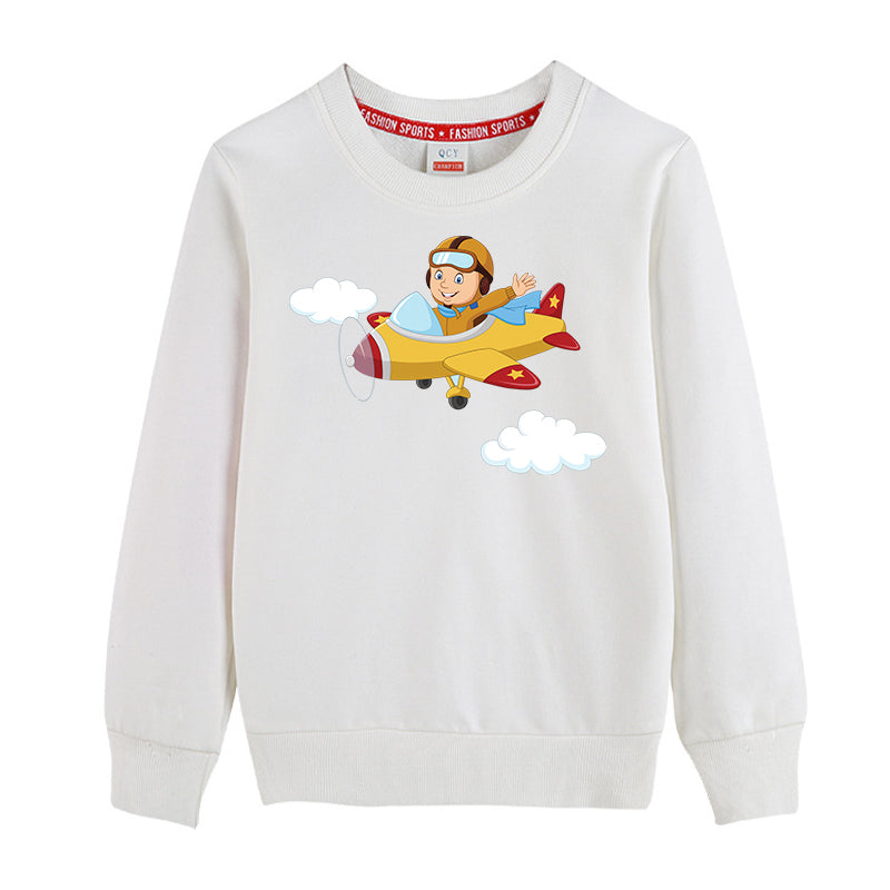 Cartoon Little Boy Operating Plane Designed "CHILDREN" Sweatshirts