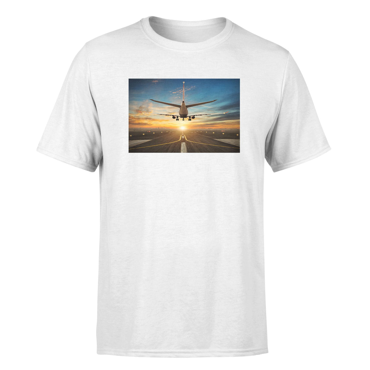 Airplane over Runway Towards the Sunrise Designed T-Shirts