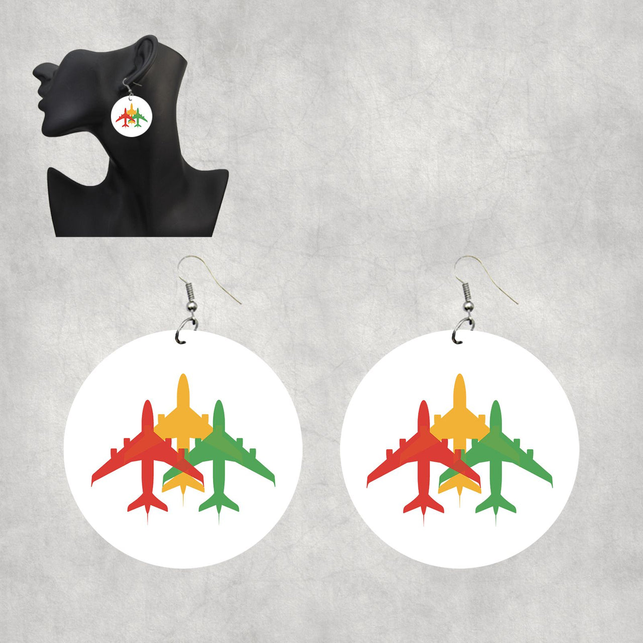 Colourful 3 Airplanes Designed Wooden Drop Earrings