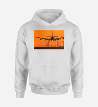 Thumbnail for Close up to Boeing 747 Landing at Sunset Designed Hoodies