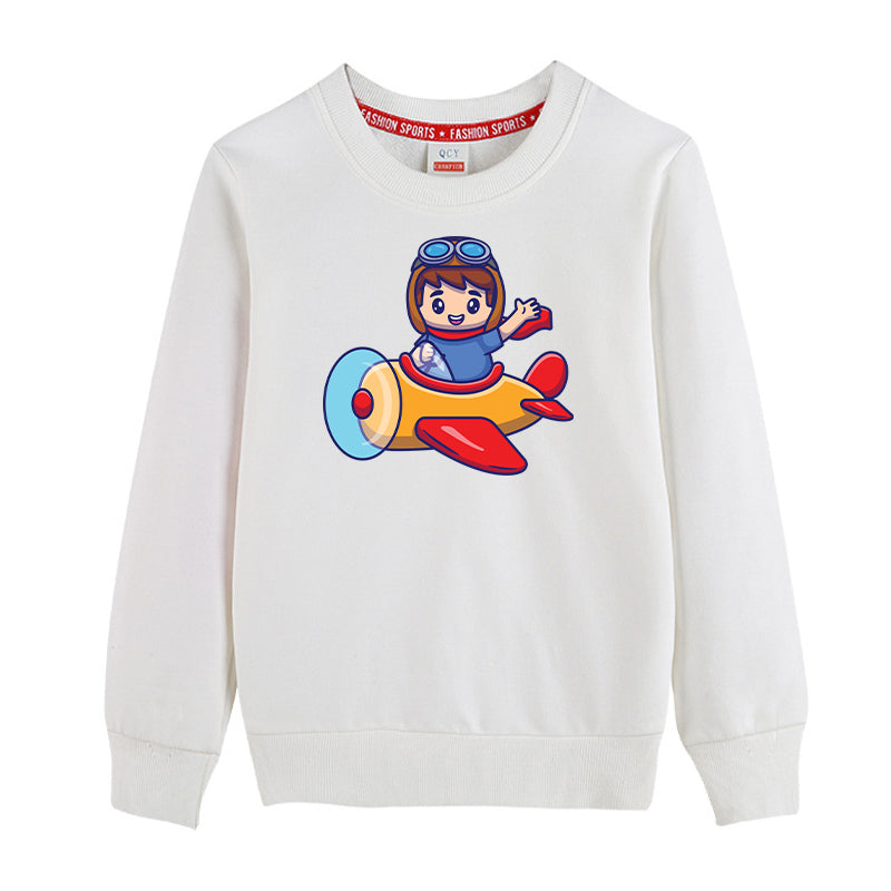 Cute Boy Driving Plane Cartoon Designed "CHILDREN" Sweatshirts