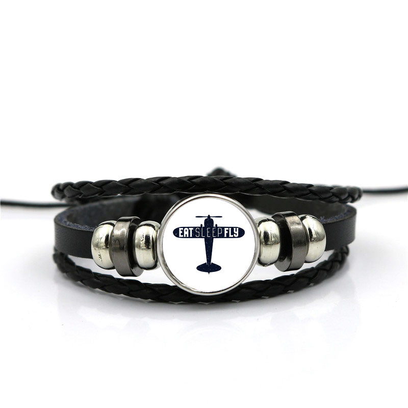 Eat Sleep Fly & Propeller Designed Leather Bracelets