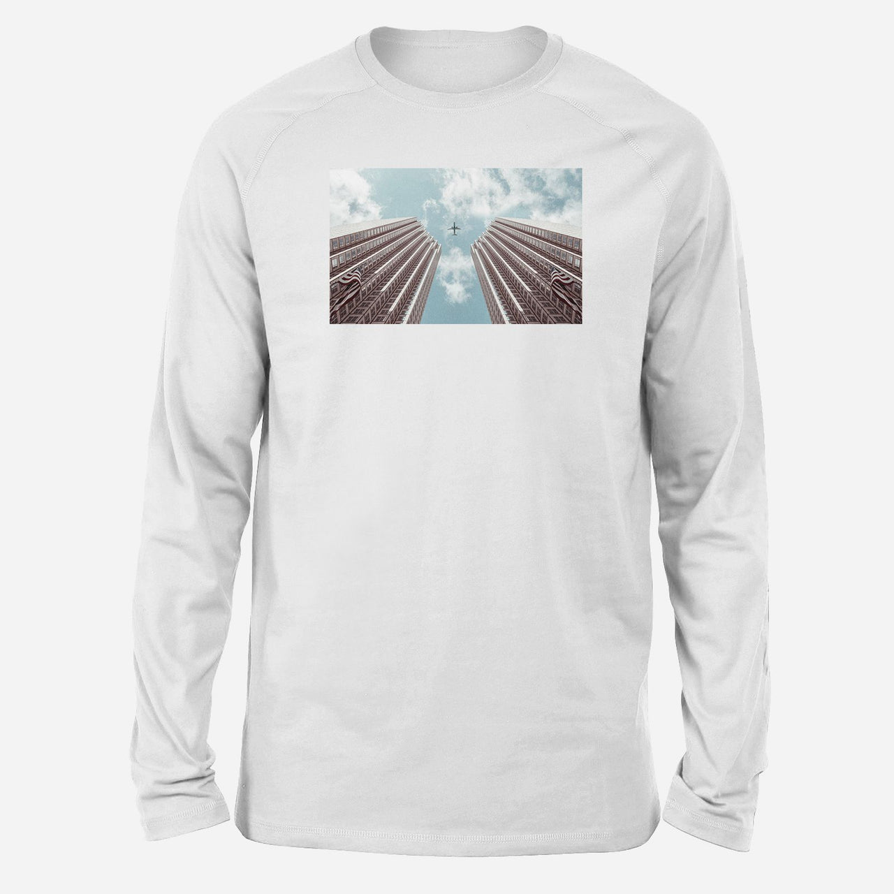 Airplane Flying over Big Buildings Designed Long-Sleeve T-Shirts
