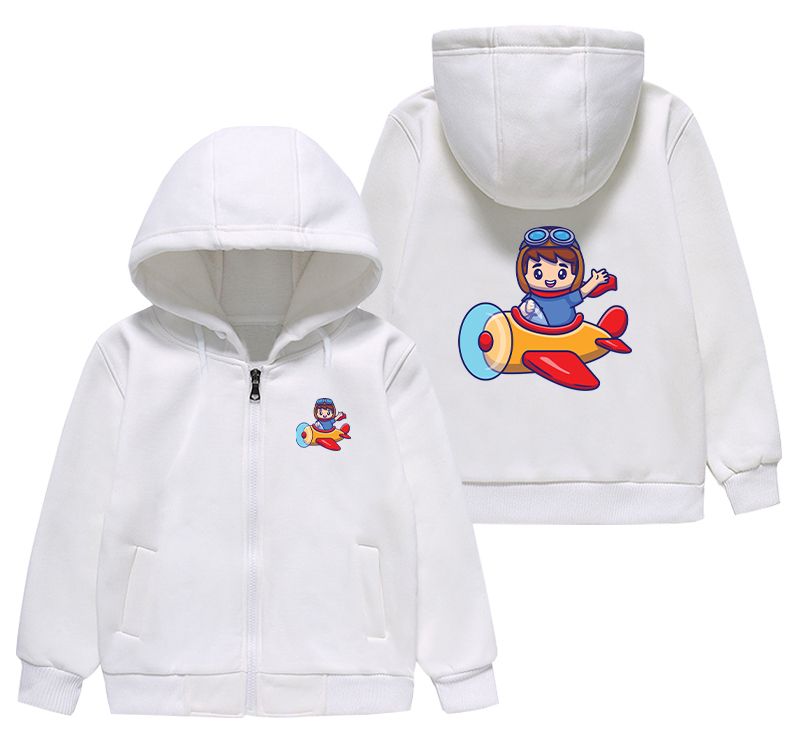 Cute Boy Driving Plane Cartoon Designed "CHILDREN" Zipped Hoodies