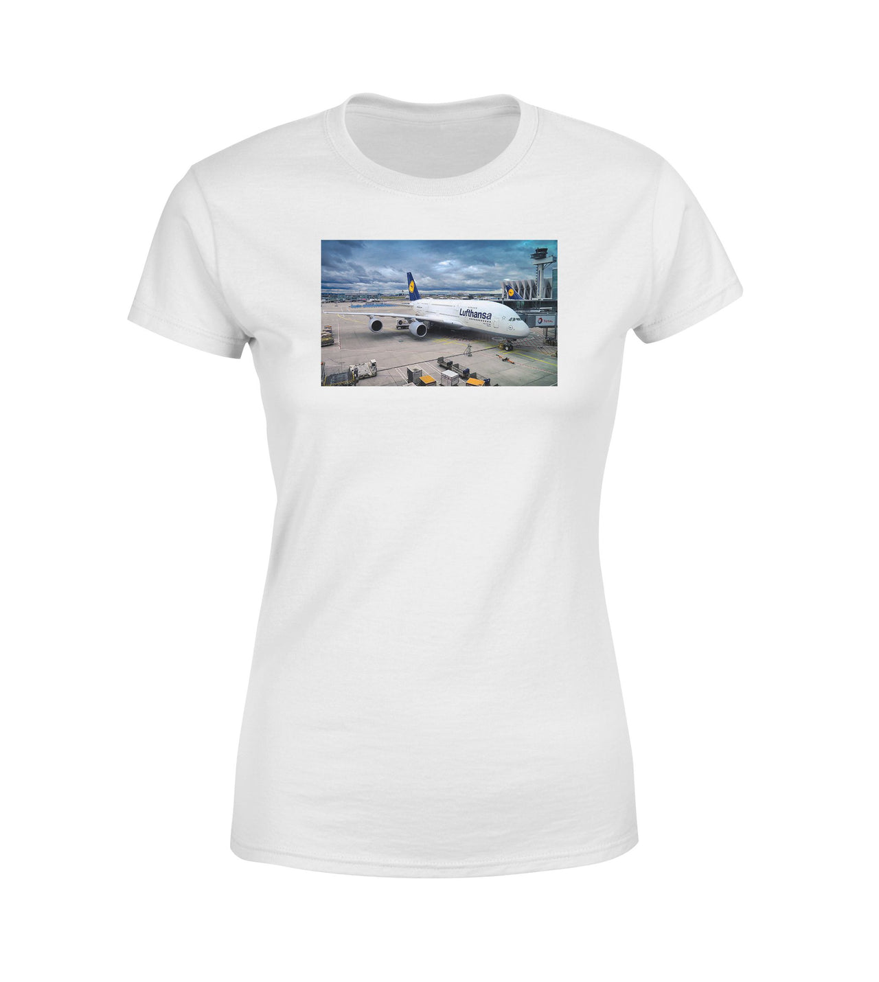 Lufthansa's A380 At The Gate Designed Women T-Shirts