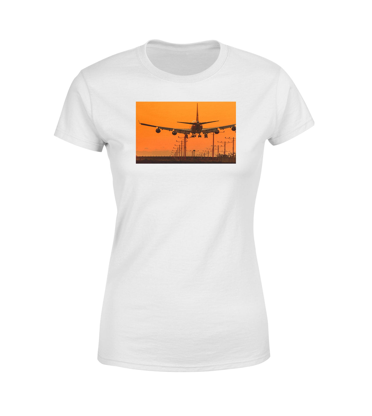Close up to Boeing 747 Landing at Sunset Designed Women T-Shirts