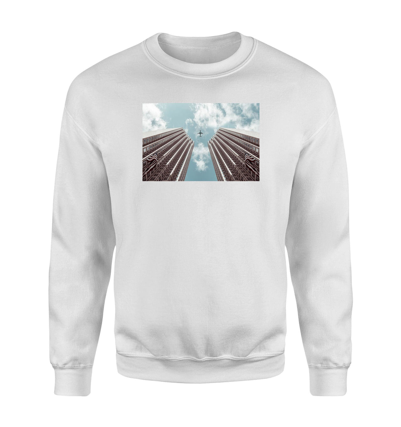 Airplane Flying over Big Buildings Designed Sweatshirts