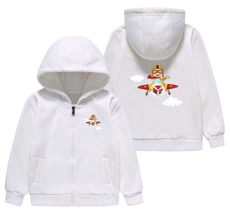 Cartoon Little Boy Operating Plane (Edition 2) Designed "CHILDREN" Zipped Hoodies
