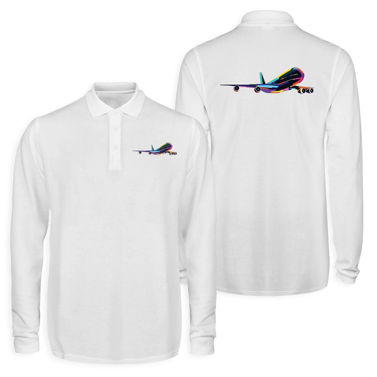 Multicolor Airplane Designed Long Sleeve Polo T-Shirts (Double-Side)