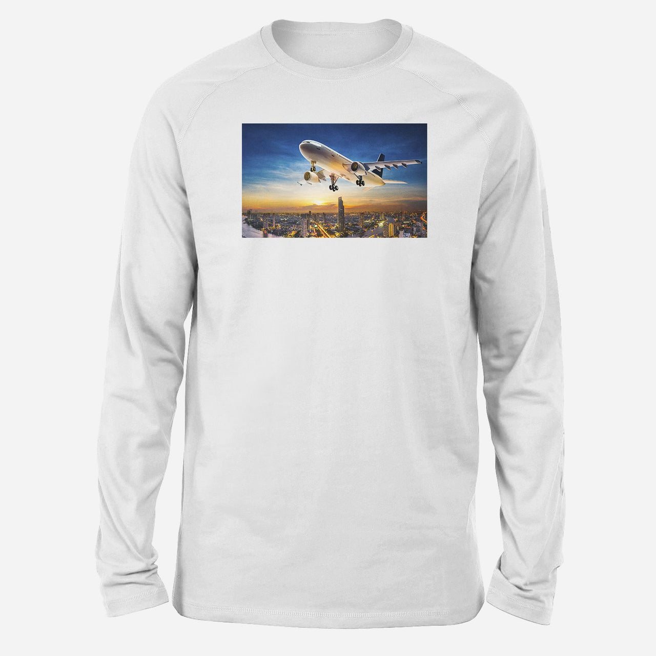 Super Aircraft over City at Sunset Designed Long-Sleeve T-Shirts