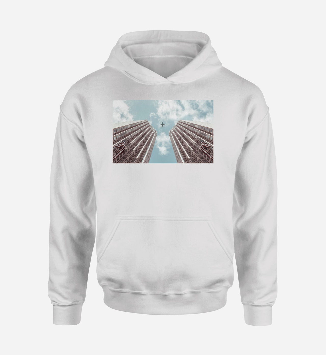 Airplane Flying over Big Buildings Designed Hoodies