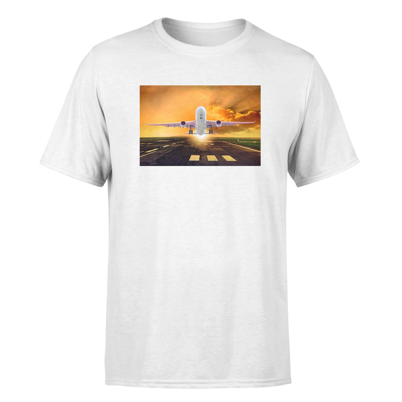 Amazing Departing Aircraft Sunset & Clouds Behind Designed T-Shirts