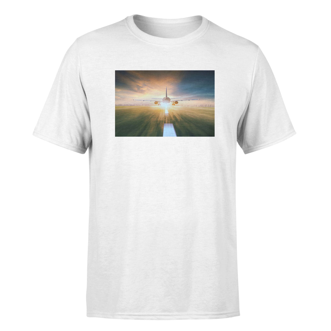 Airplane Flying Over Runway Designed T-Shirts