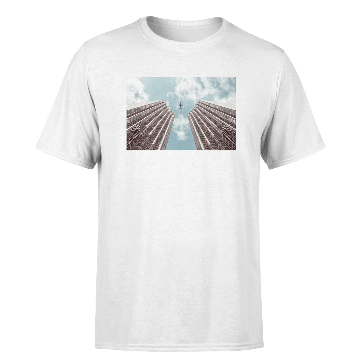 Airplane Flying over Big Buildings Designed T-Shirts