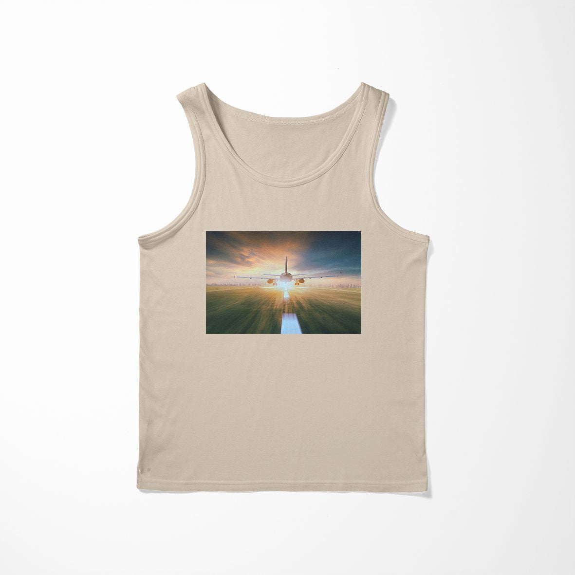 Airplane Flying Over Runway Designed Tank Tops