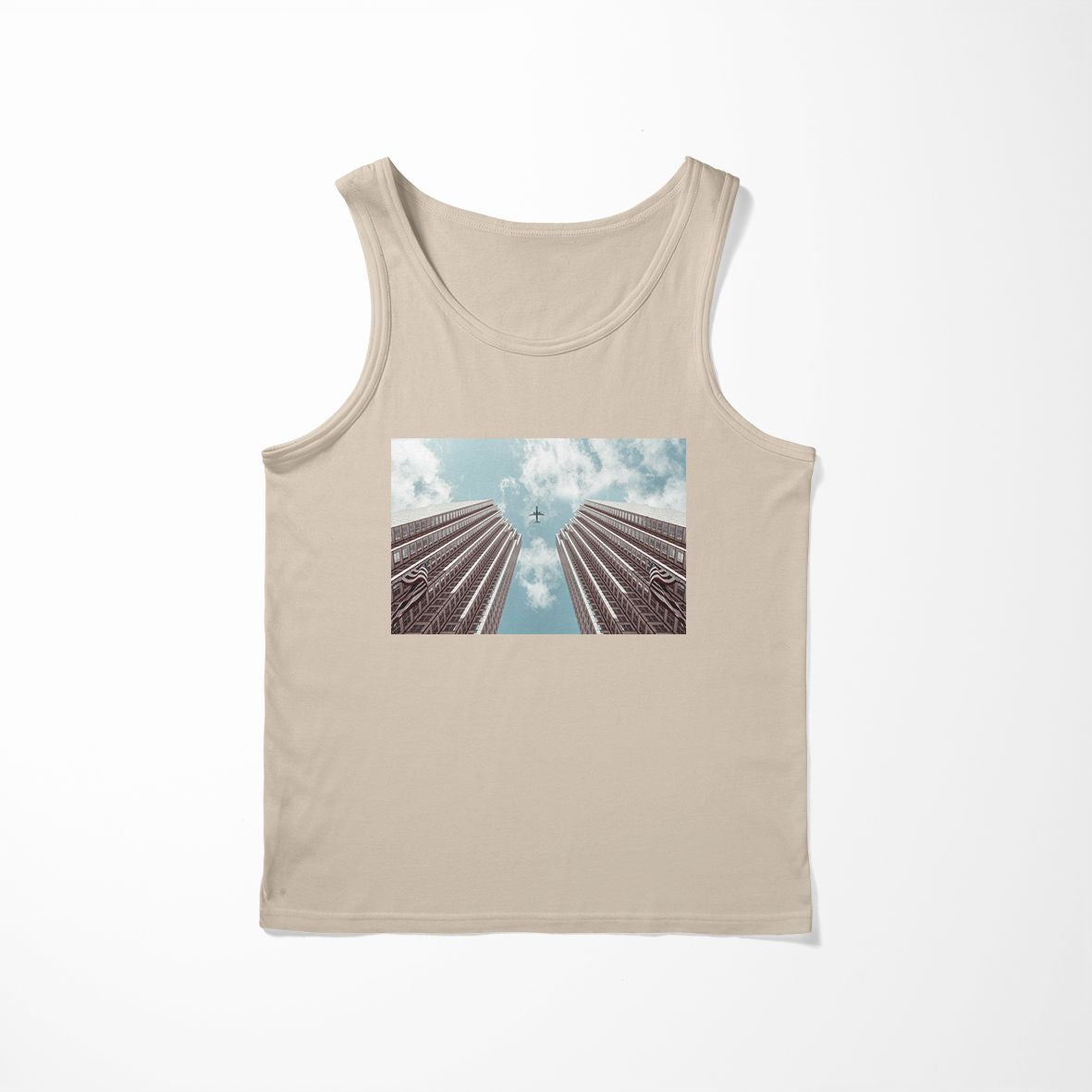 Airplane Flying over Big Buildings Designed Tank Tops