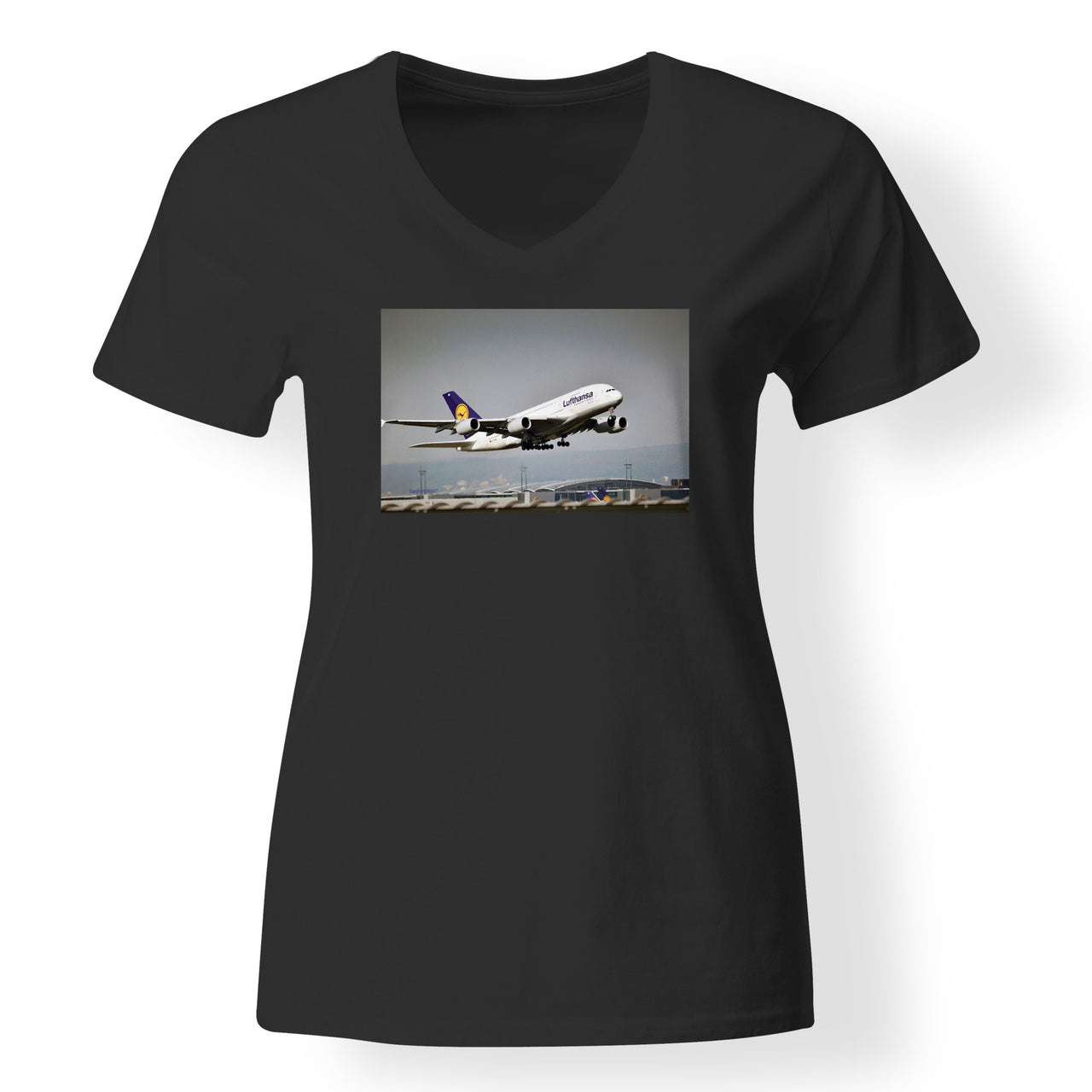 Departing Lufthansa A380 Designed V-Neck T-Shirts