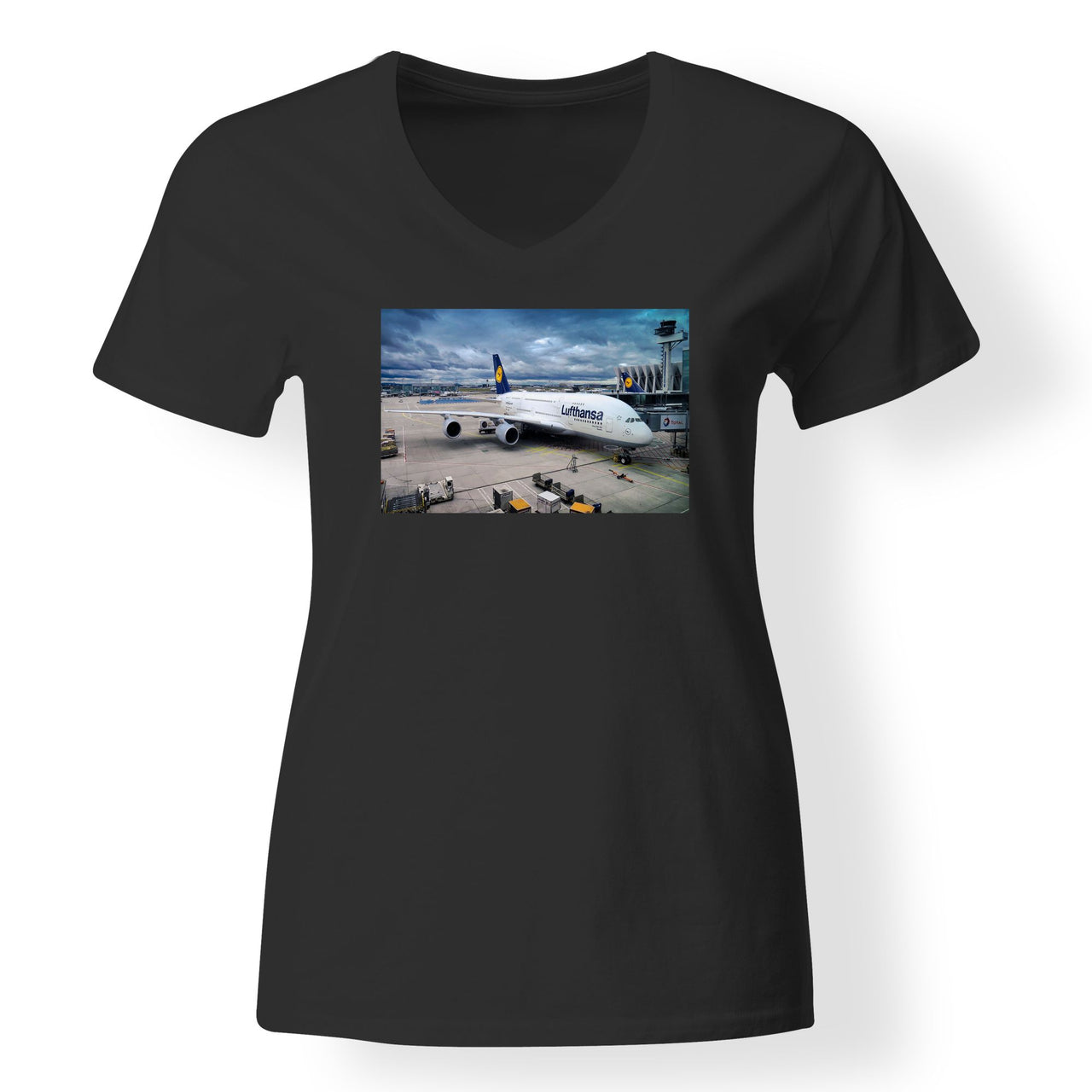 Lufthansa's A380 At The Gate Designed V-Neck T-Shirts